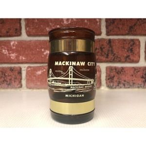 Mackinaw City Michigan Amber Glass Wooden Handle Beer Mug Collectible Souvenir